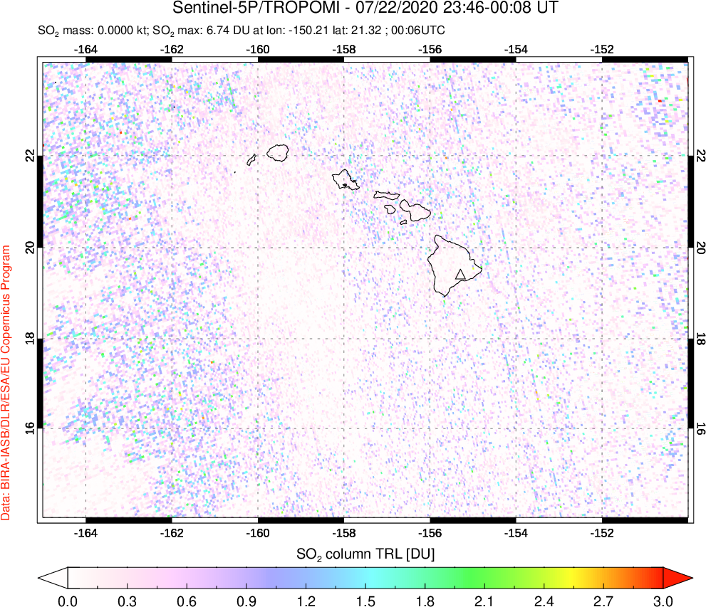 A sulfur dioxide image over Hawaii, USA on Jul 22, 2020.