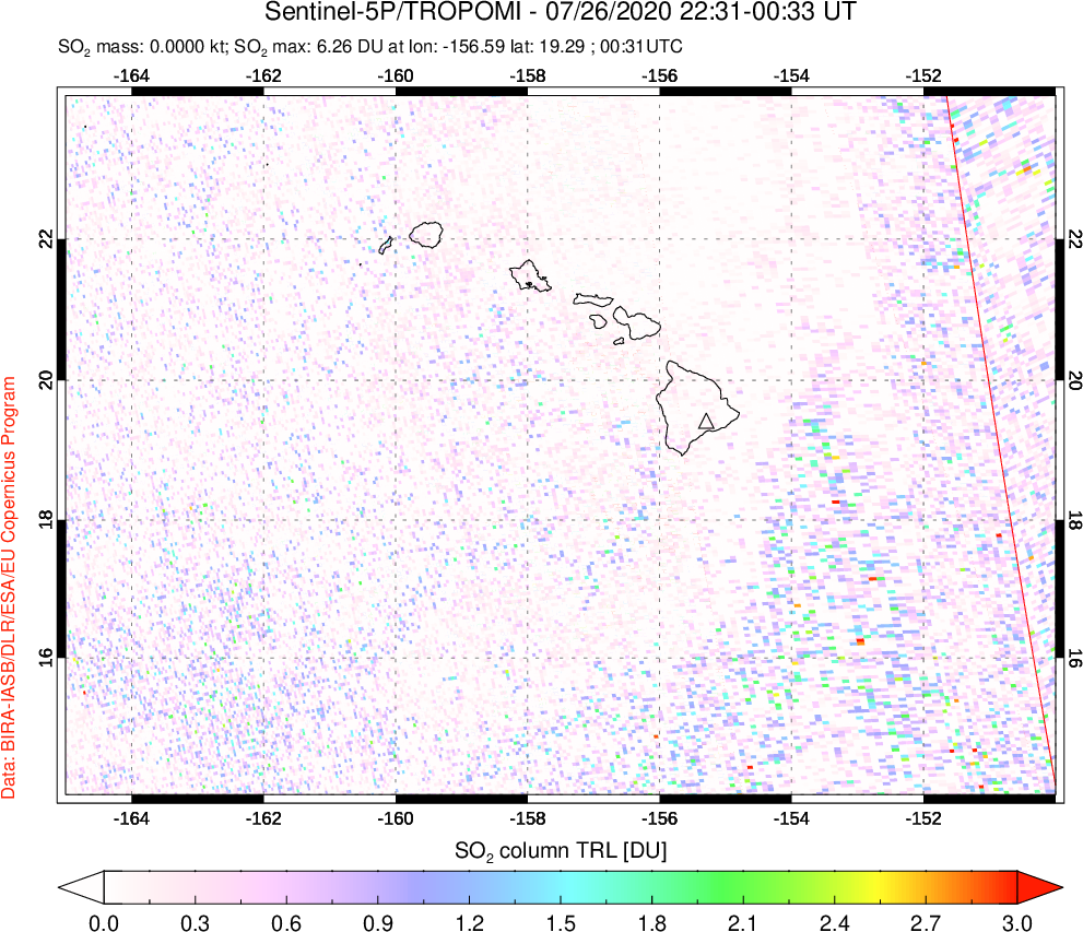 A sulfur dioxide image over Hawaii, USA on Jul 26, 2020.