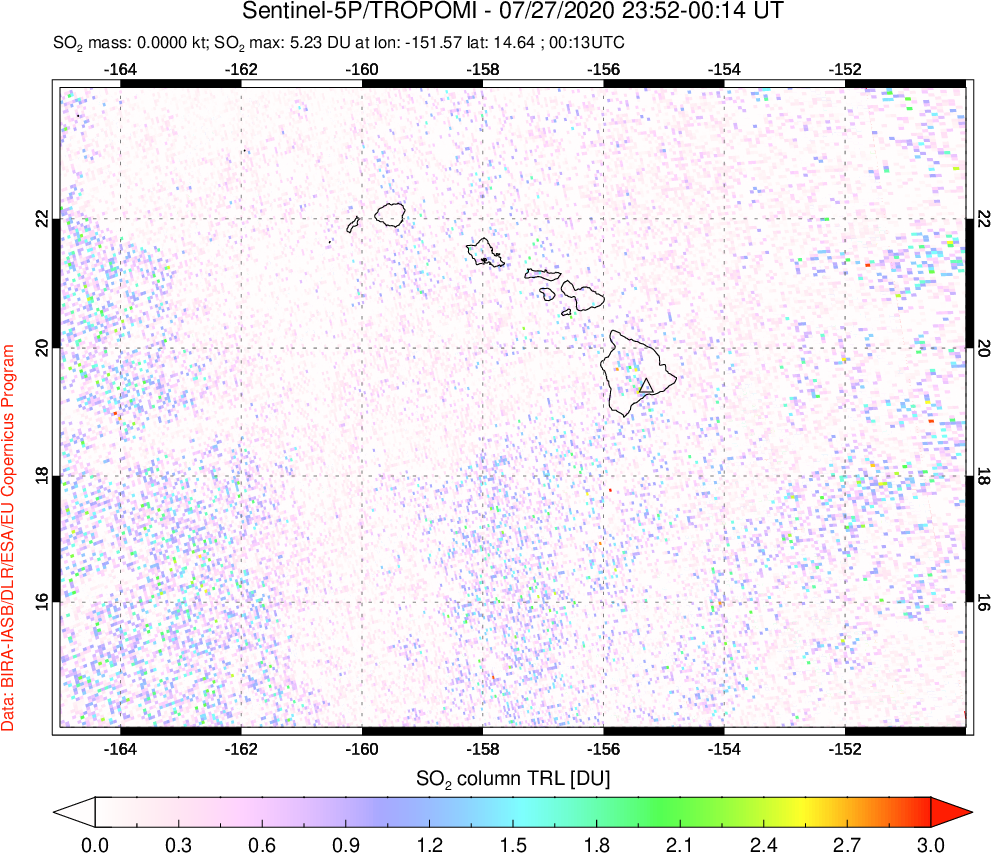 A sulfur dioxide image over Hawaii, USA on Jul 27, 2020.