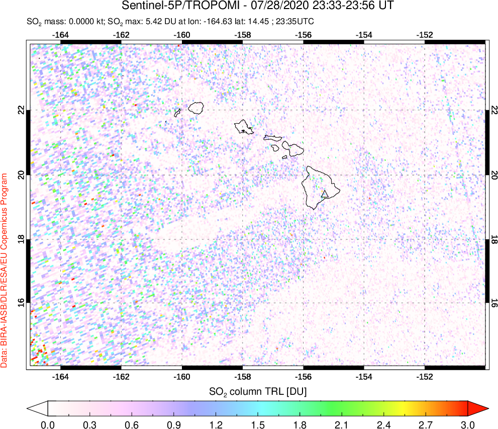 A sulfur dioxide image over Hawaii, USA on Jul 28, 2020.
