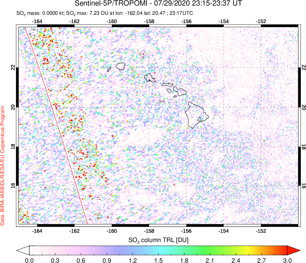 A sulfur dioxide image over Hawaii, USA on Jul 29, 2020.