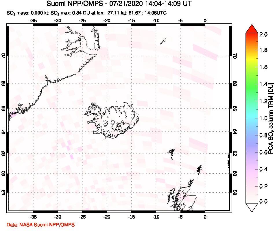 A sulfur dioxide image over Iceland on Jul 21, 2020.