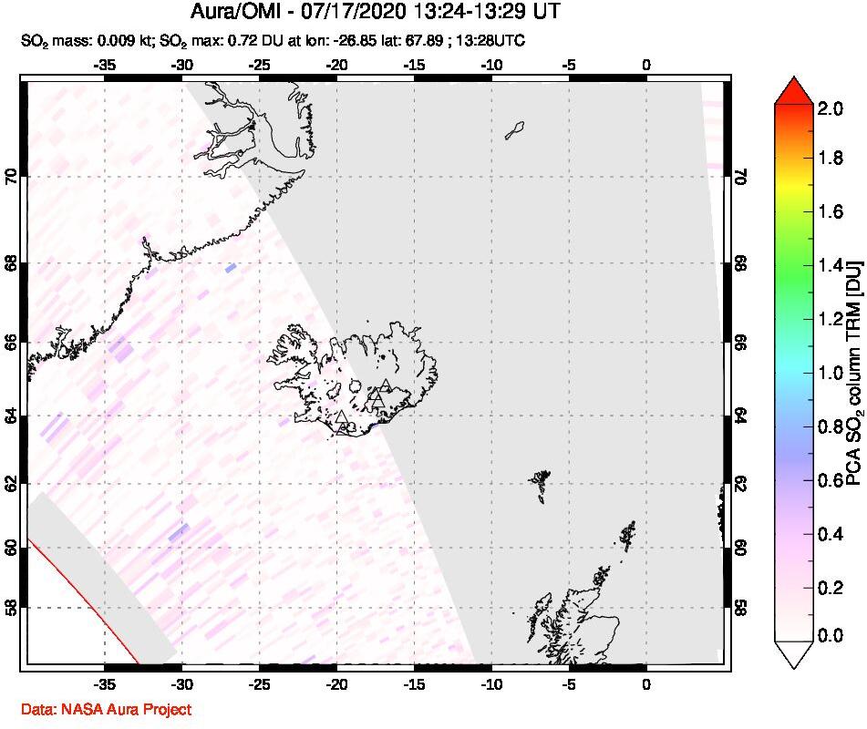 A sulfur dioxide image over Iceland on Jul 17, 2020.
