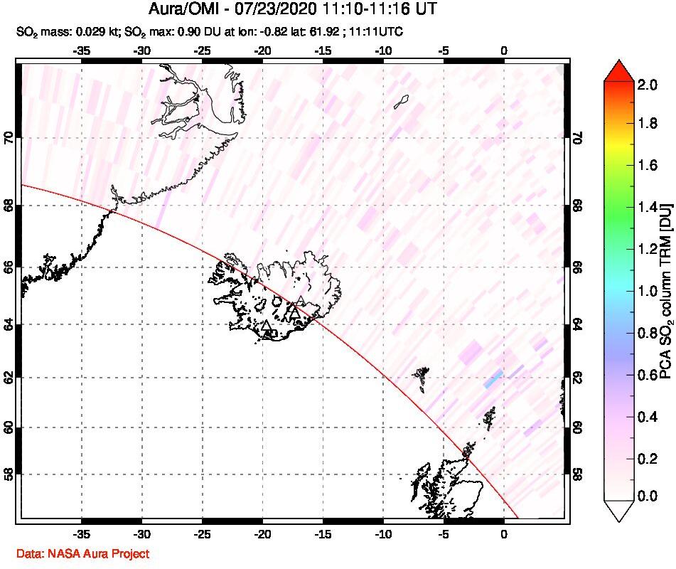 A sulfur dioxide image over Iceland on Jul 23, 2020.