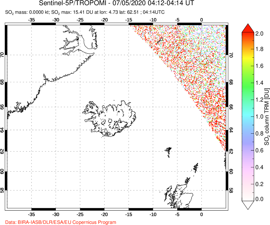 A sulfur dioxide image over Iceland on Jul 05, 2020.