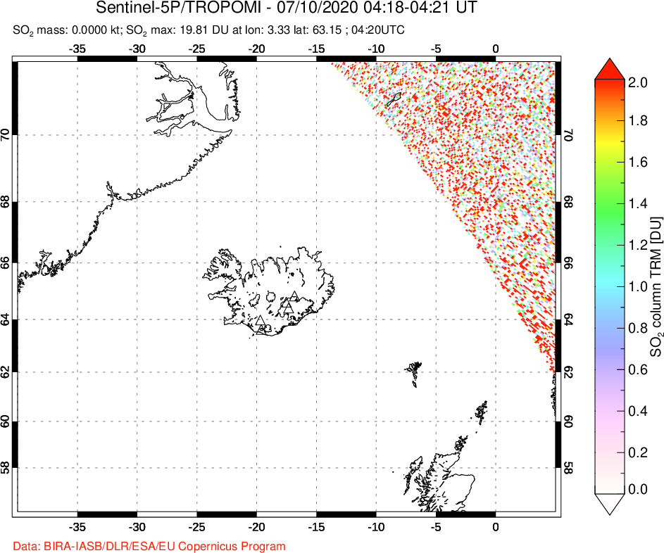 A sulfur dioxide image over Iceland on Jul 10, 2020.