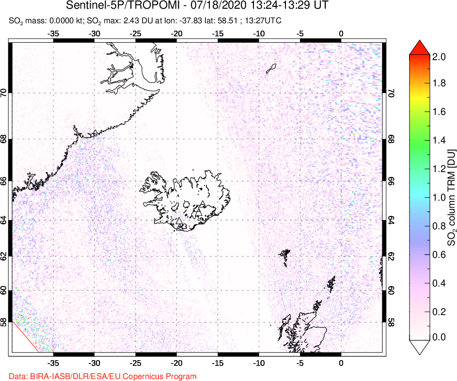 A sulfur dioxide image over Iceland on Jul 18, 2020.