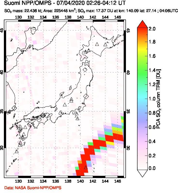 A sulfur dioxide image over Japan on Jul 04, 2020.