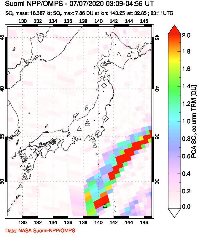 A sulfur dioxide image over Japan on Jul 07, 2020.