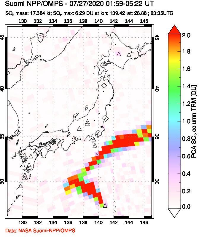 A sulfur dioxide image over Japan on Jul 27, 2020.