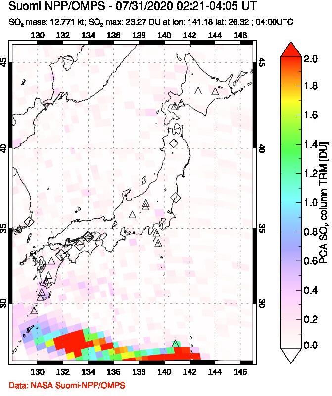 A sulfur dioxide image over Japan on Jul 31, 2020.