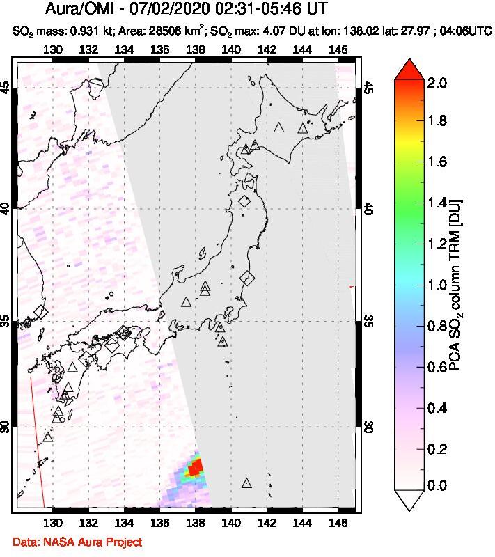 A sulfur dioxide image over Japan on Jul 02, 2020.