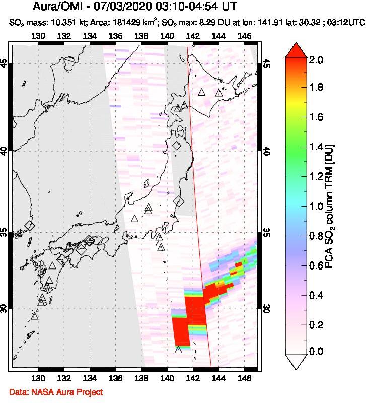 A sulfur dioxide image over Japan on Jul 03, 2020.