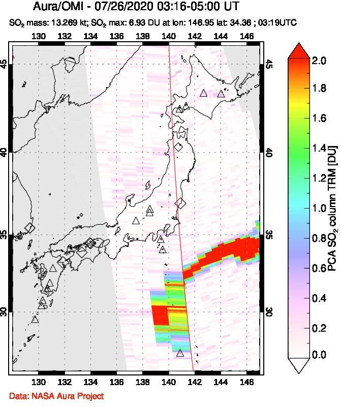 A sulfur dioxide image over Japan on Jul 26, 2020.