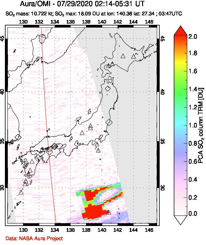 A sulfur dioxide image over Japan on Jul 29, 2020.
