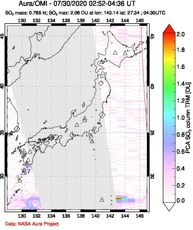 A sulfur dioxide image over Japan on Jul 30, 2020.