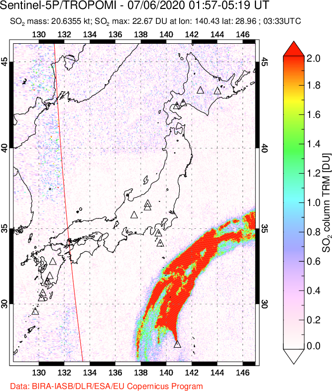 A sulfur dioxide image over Japan on Jul 06, 2020.