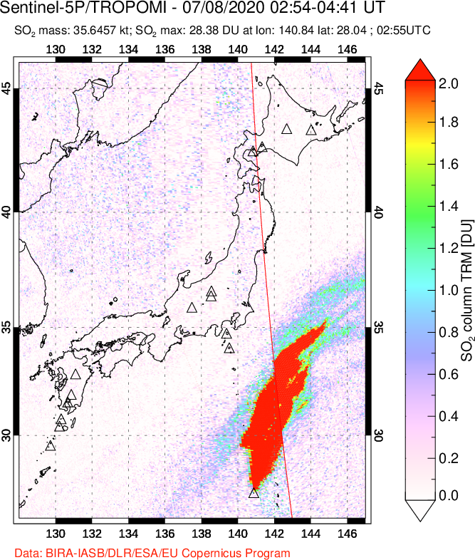 A sulfur dioxide image over Japan on Jul 08, 2020.