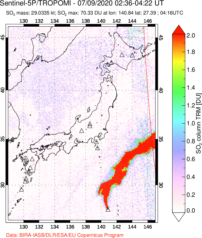 A sulfur dioxide image over Japan on Jul 09, 2020.