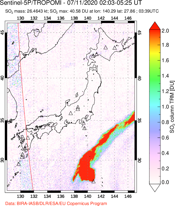 A sulfur dioxide image over Japan on Jul 11, 2020.