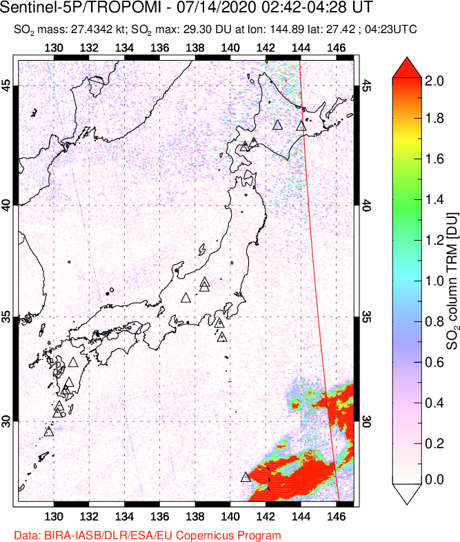 A sulfur dioxide image over Japan on Jul 14, 2020.