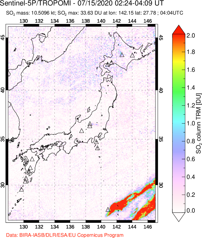 A sulfur dioxide image over Japan on Jul 15, 2020.