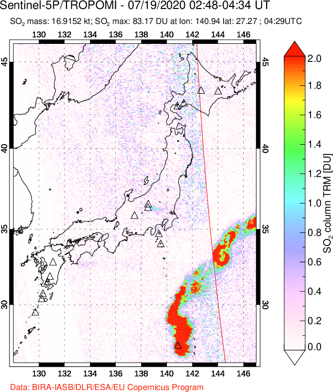 A sulfur dioxide image over Japan on Jul 19, 2020.