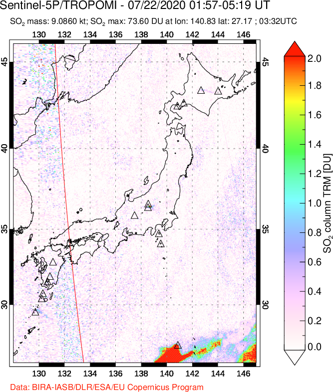 A sulfur dioxide image over Japan on Jul 22, 2020.
