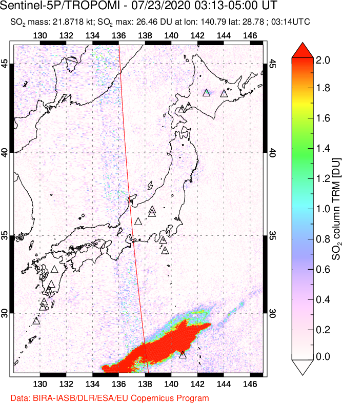 A sulfur dioxide image over Japan on Jul 23, 2020.