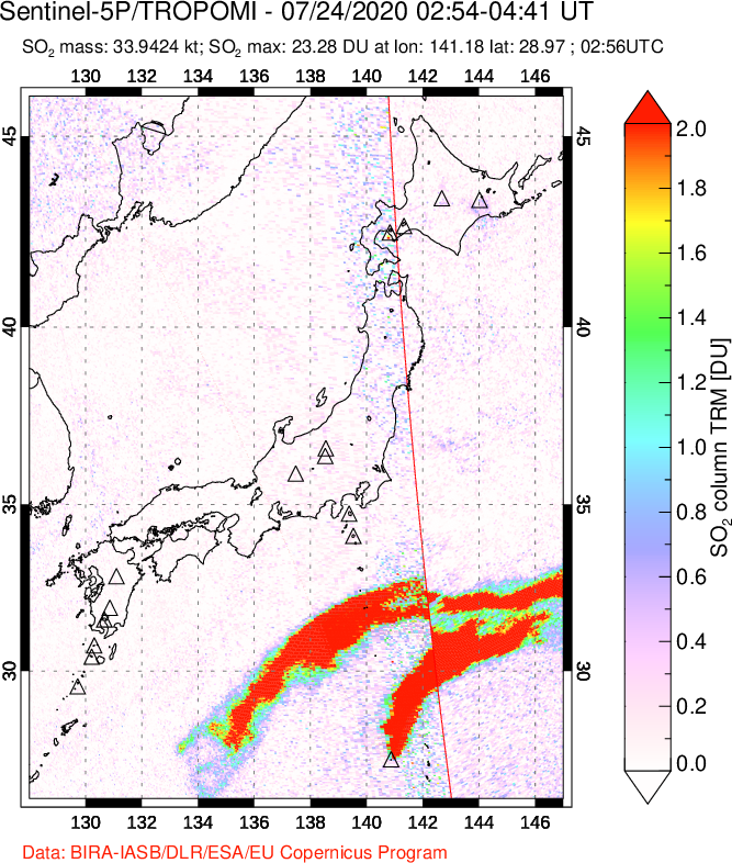 A sulfur dioxide image over Japan on Jul 24, 2020.