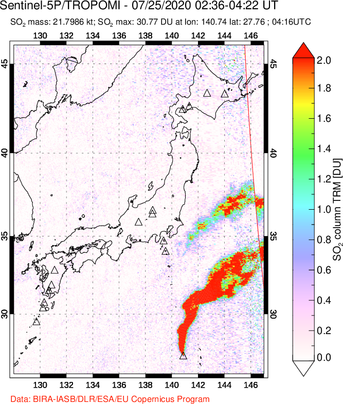 A sulfur dioxide image over Japan on Jul 25, 2020.