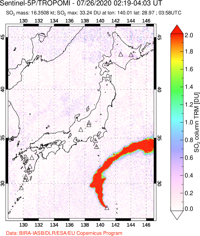 A sulfur dioxide image over Japan on Jul 26, 2020.