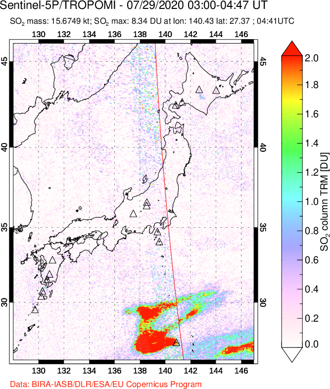 A sulfur dioxide image over Japan on Jul 29, 2020.