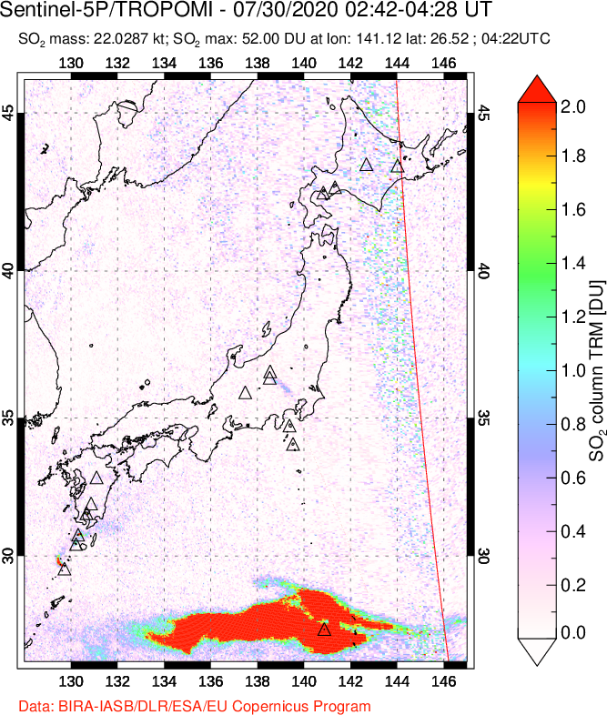 A sulfur dioxide image over Japan on Jul 30, 2020.