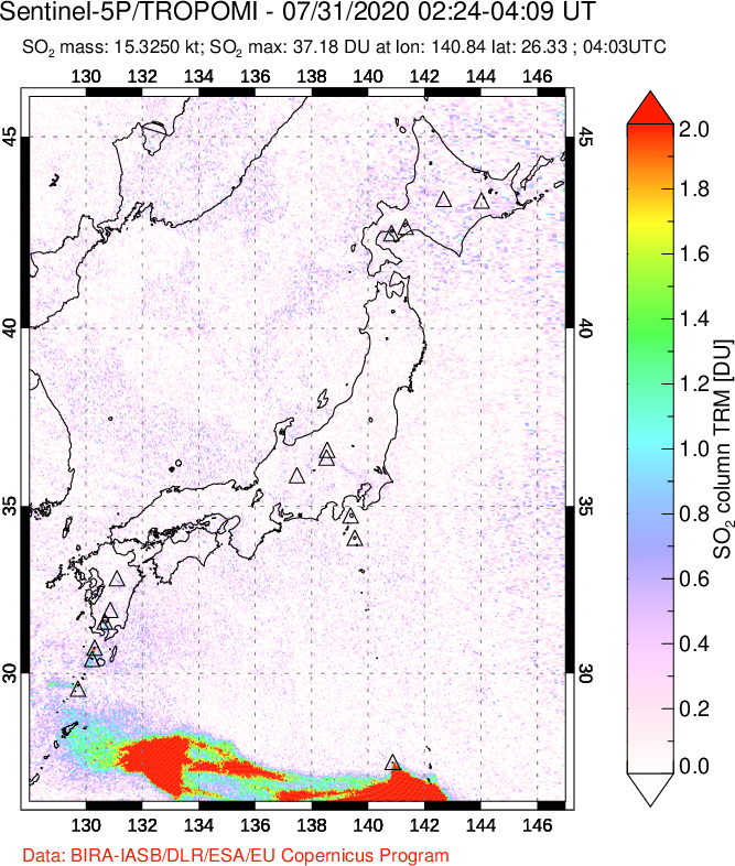 A sulfur dioxide image over Japan on Jul 31, 2020.