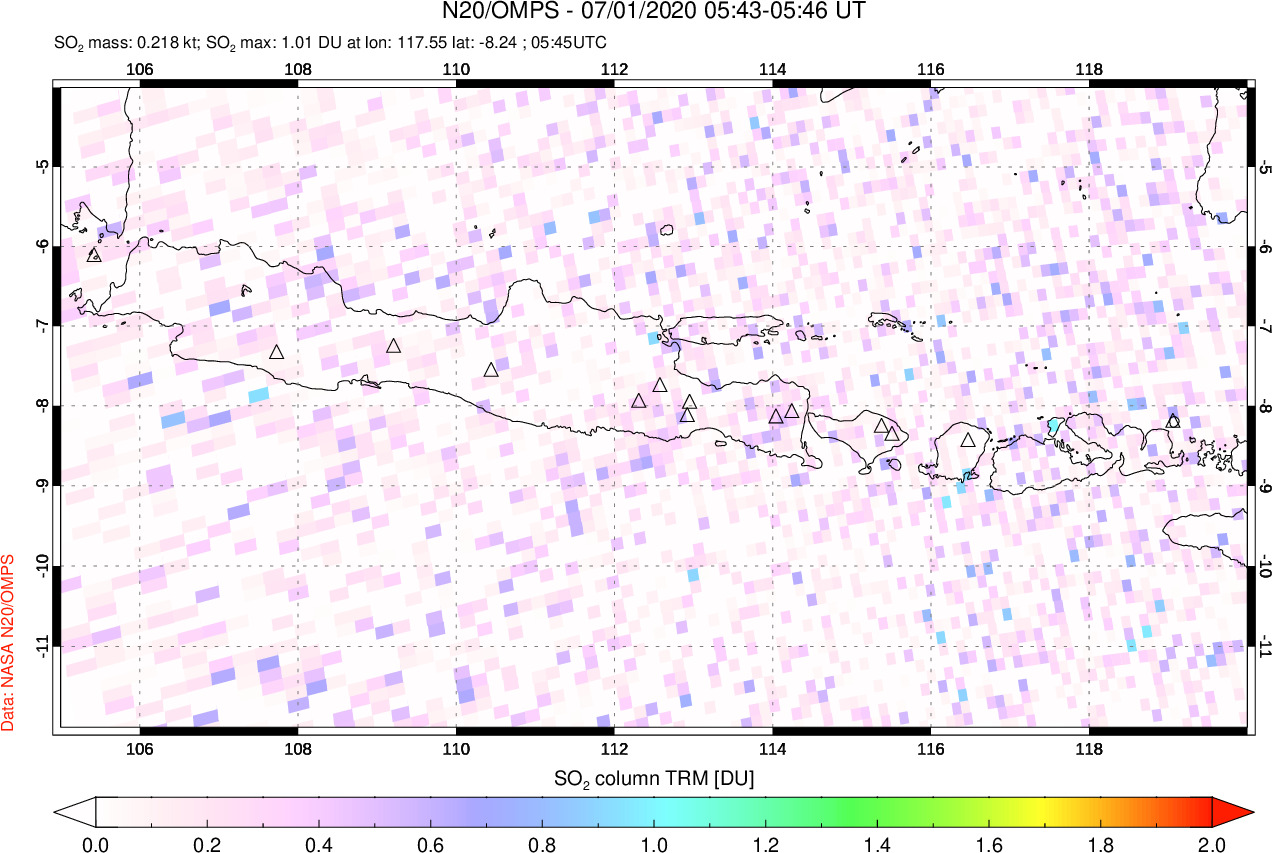 A sulfur dioxide image over Java, Indonesia on Jul 01, 2020.