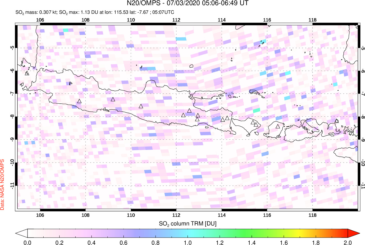 A sulfur dioxide image over Java, Indonesia on Jul 03, 2020.