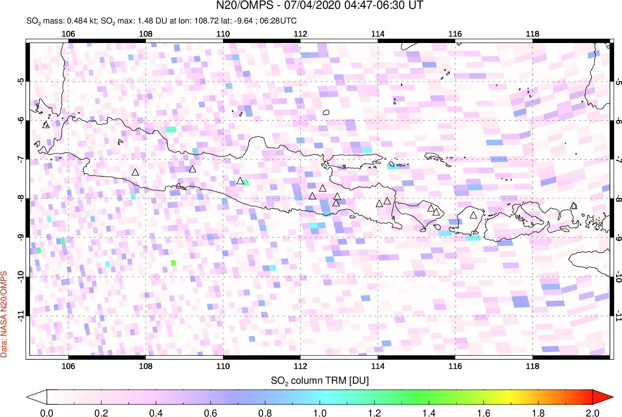 A sulfur dioxide image over Java, Indonesia on Jul 04, 2020.