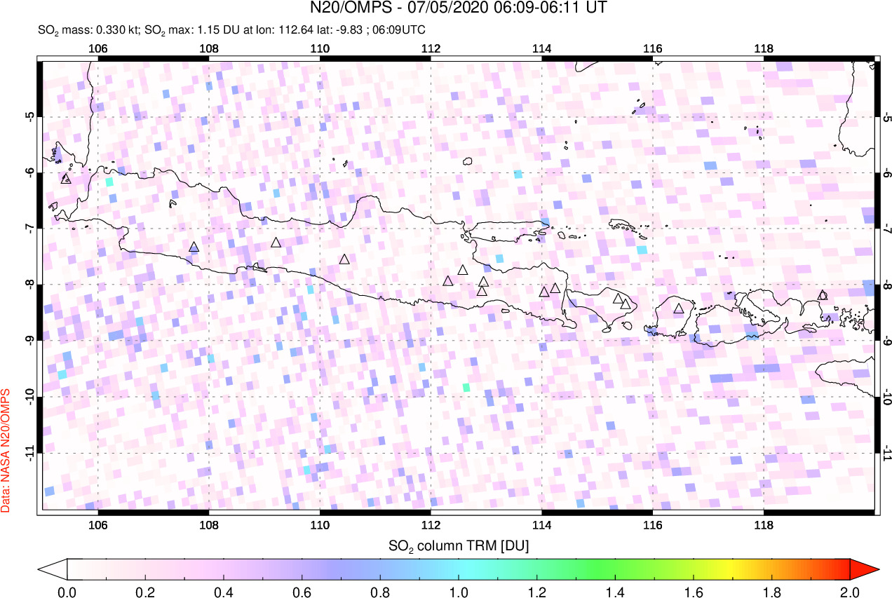 A sulfur dioxide image over Java, Indonesia on Jul 05, 2020.