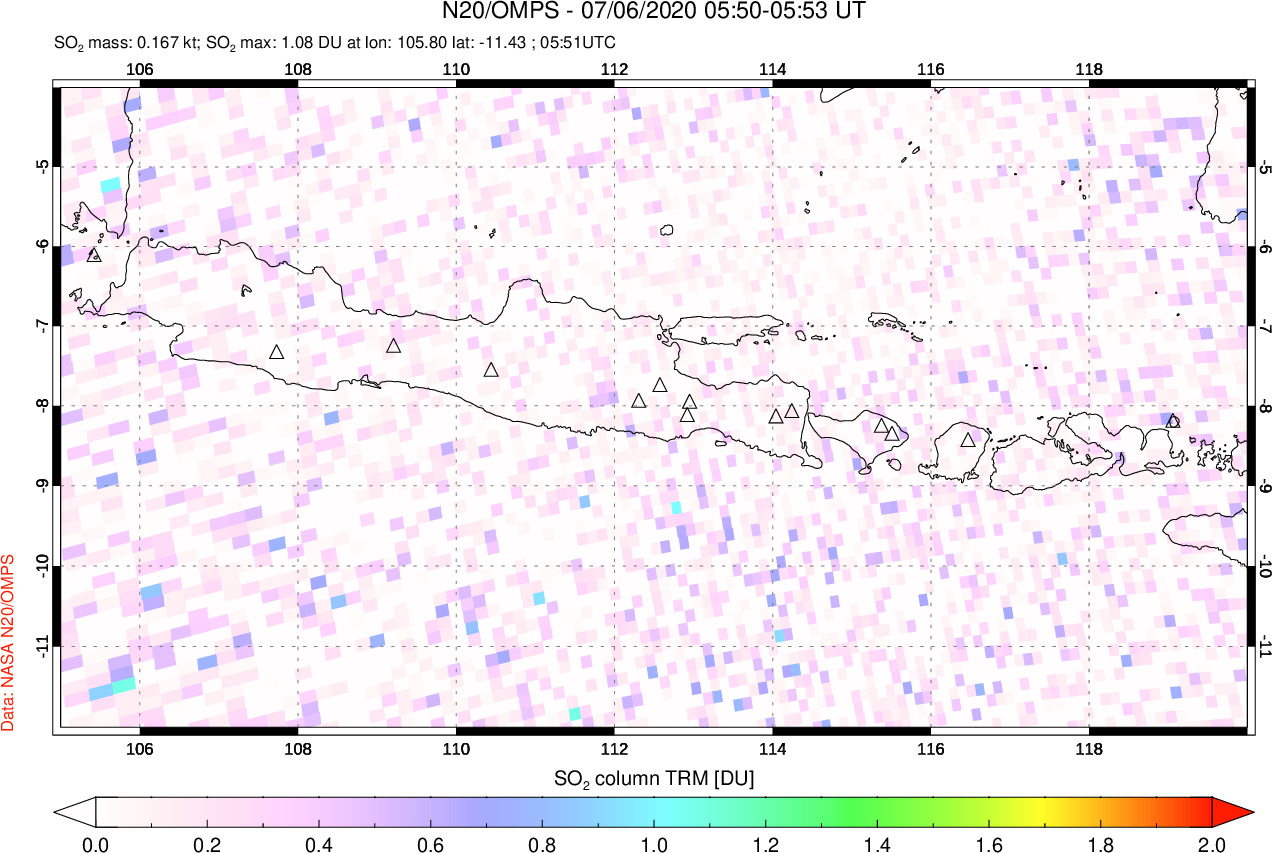 A sulfur dioxide image over Java, Indonesia on Jul 06, 2020.