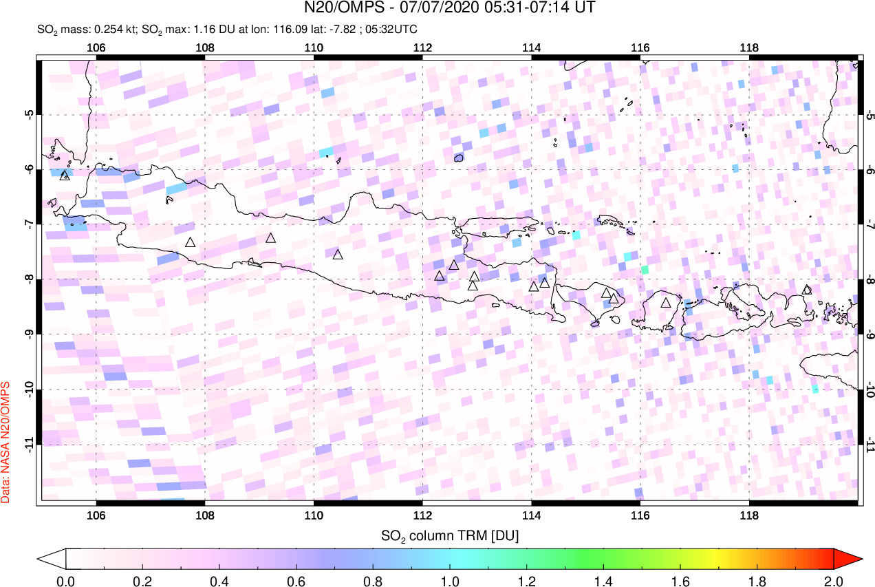 A sulfur dioxide image over Java, Indonesia on Jul 07, 2020.