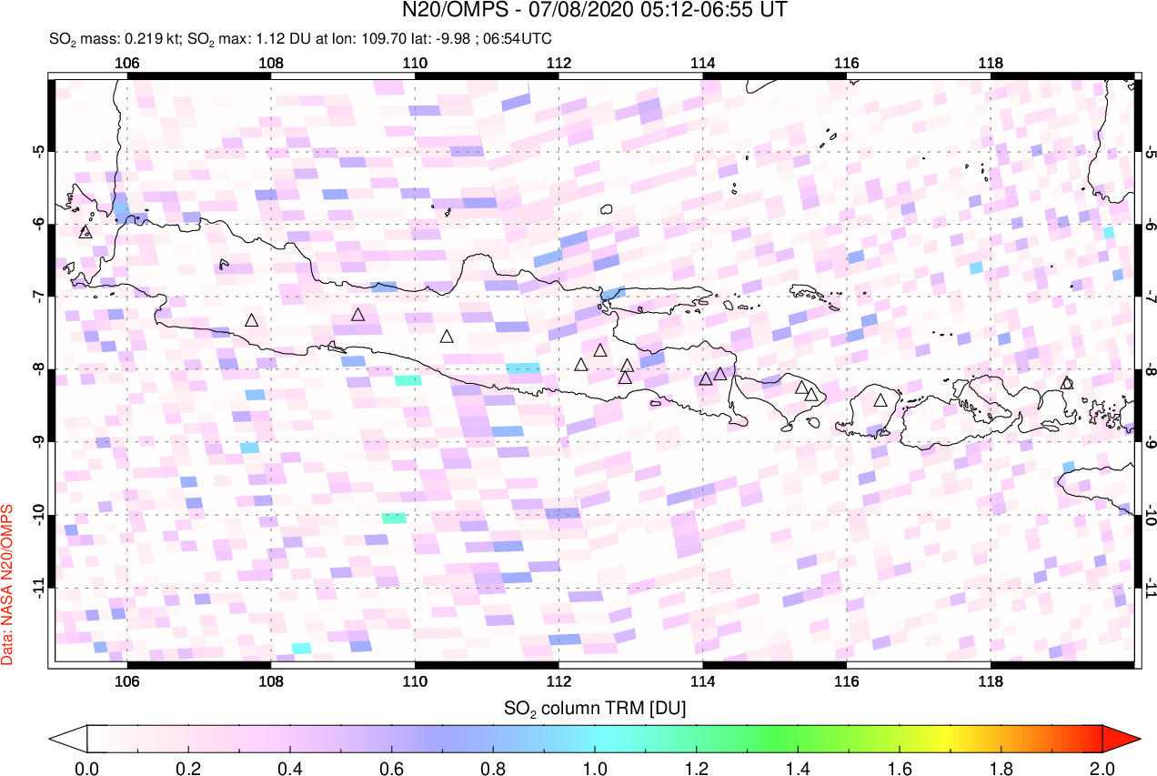 A sulfur dioxide image over Java, Indonesia on Jul 08, 2020.