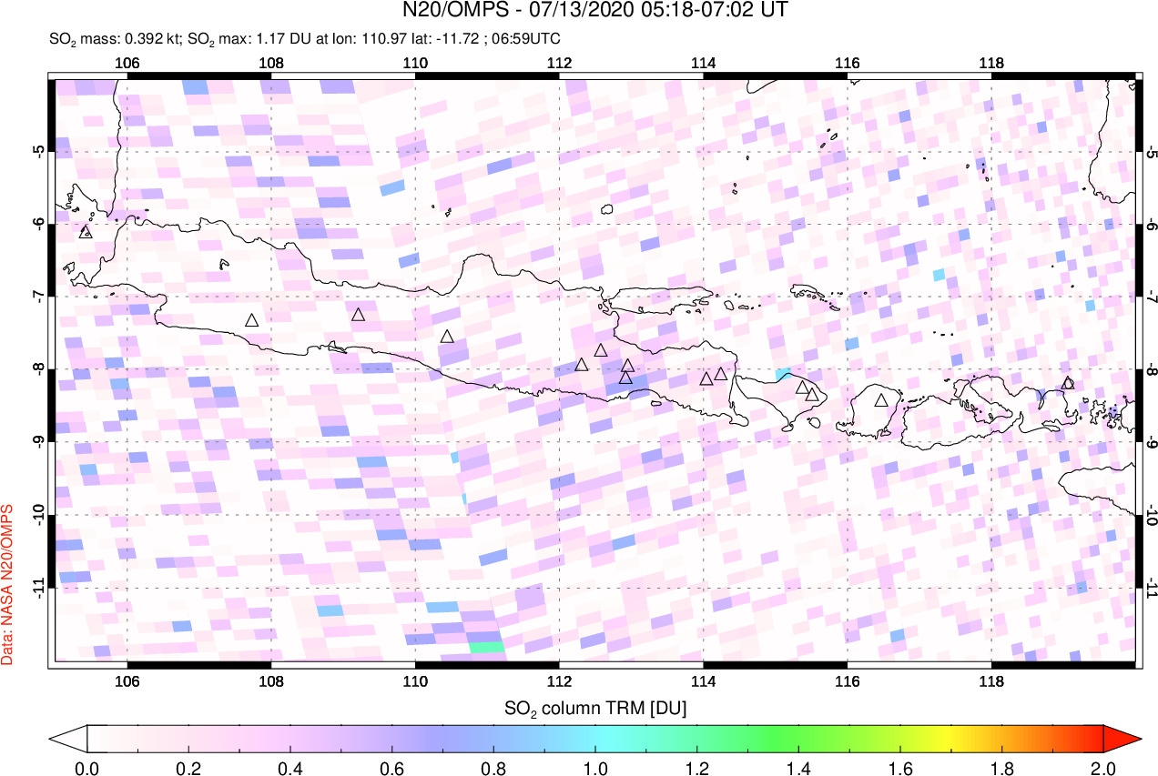 A sulfur dioxide image over Java, Indonesia on Jul 13, 2020.