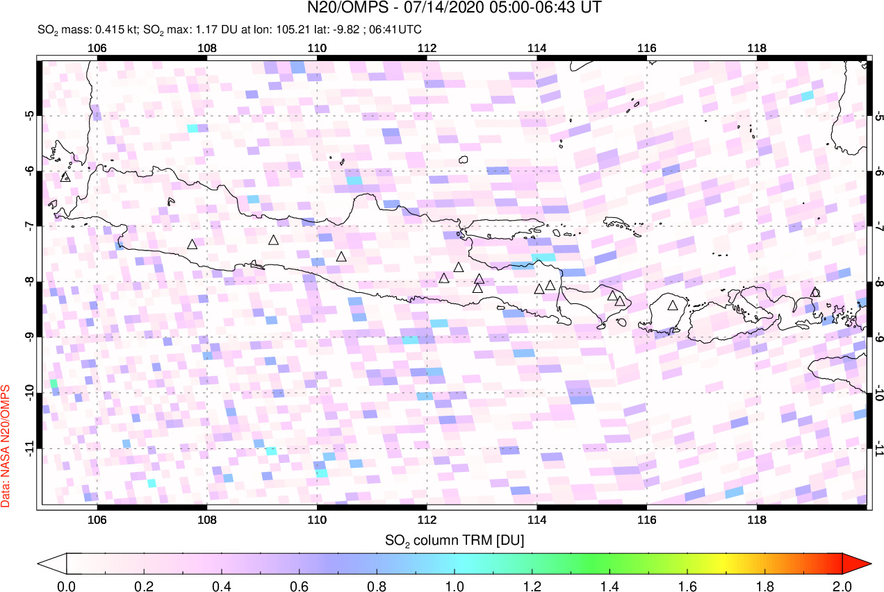 A sulfur dioxide image over Java, Indonesia on Jul 14, 2020.