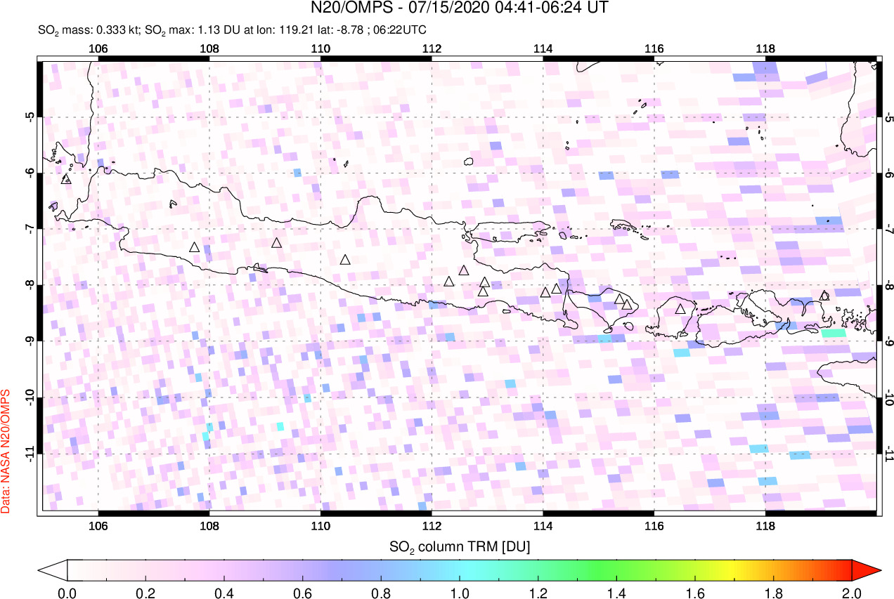 A sulfur dioxide image over Java, Indonesia on Jul 15, 2020.