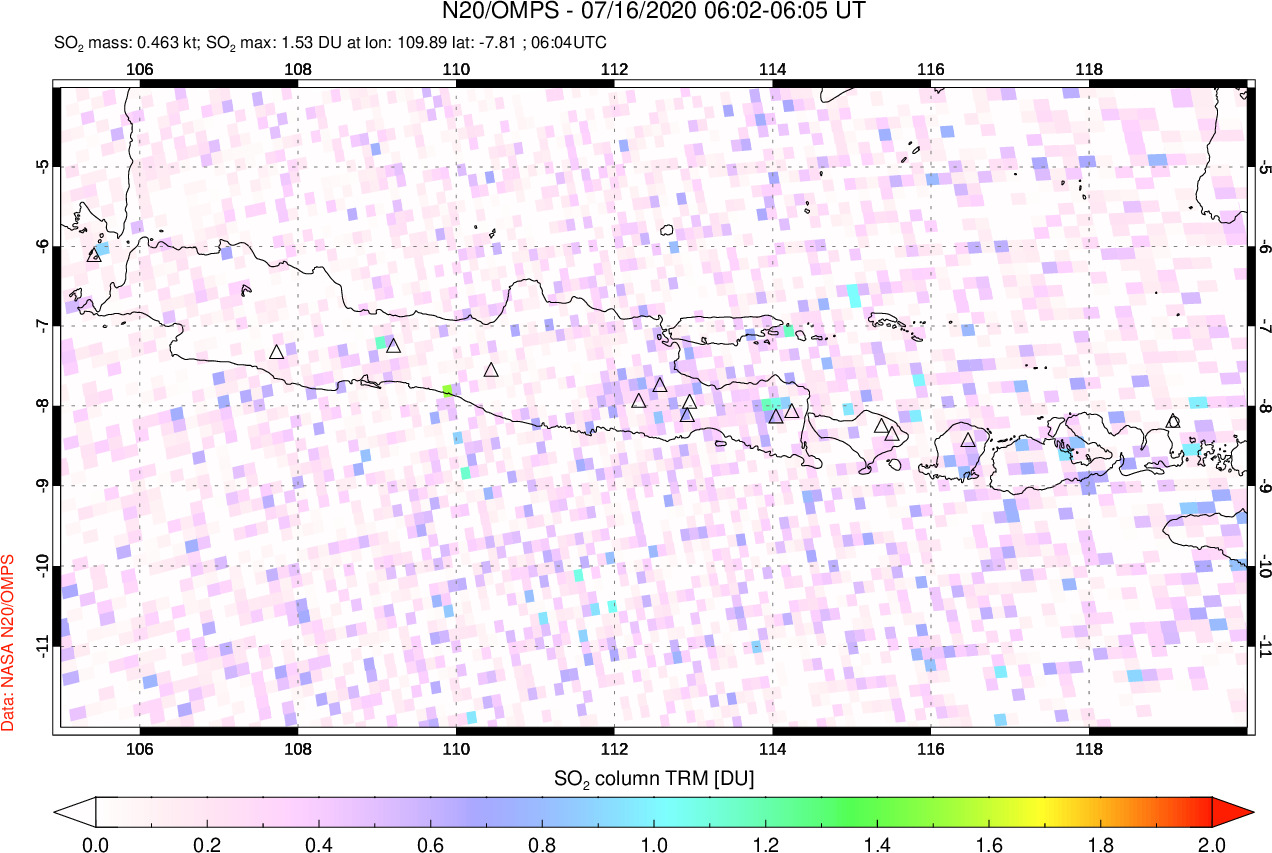 A sulfur dioxide image over Java, Indonesia on Jul 16, 2020.