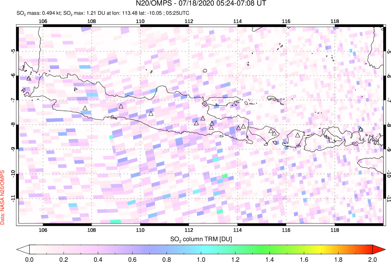 A sulfur dioxide image over Java, Indonesia on Jul 18, 2020.