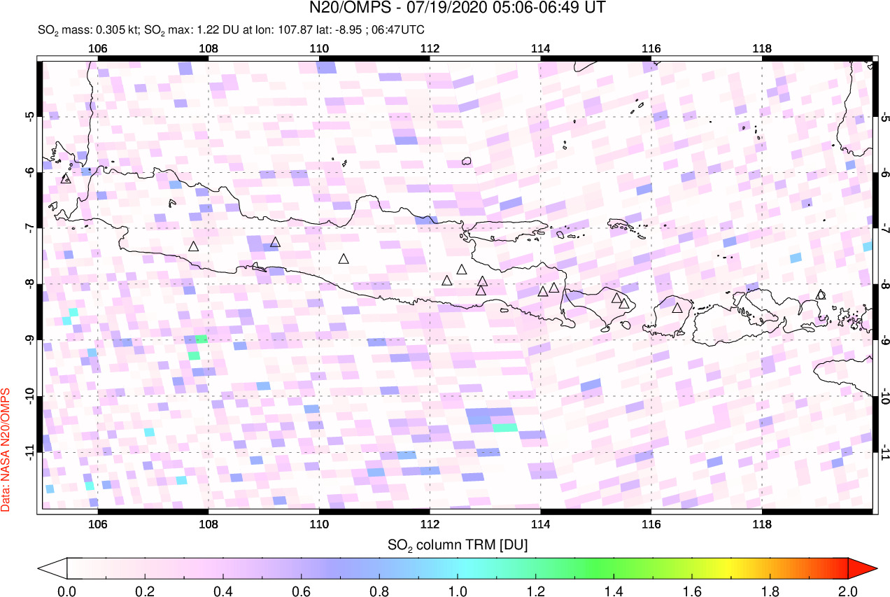 A sulfur dioxide image over Java, Indonesia on Jul 19, 2020.