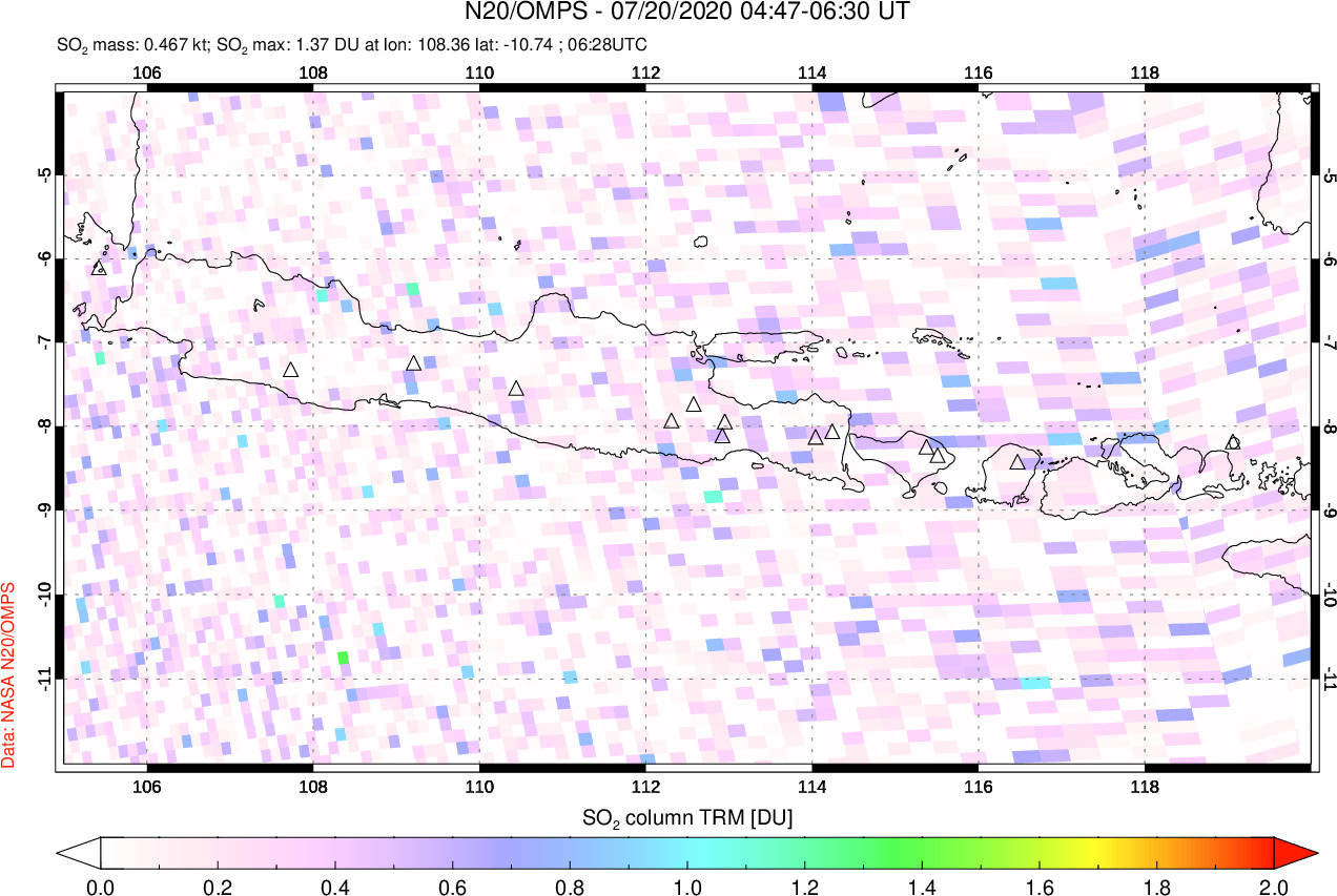 A sulfur dioxide image over Java, Indonesia on Jul 20, 2020.