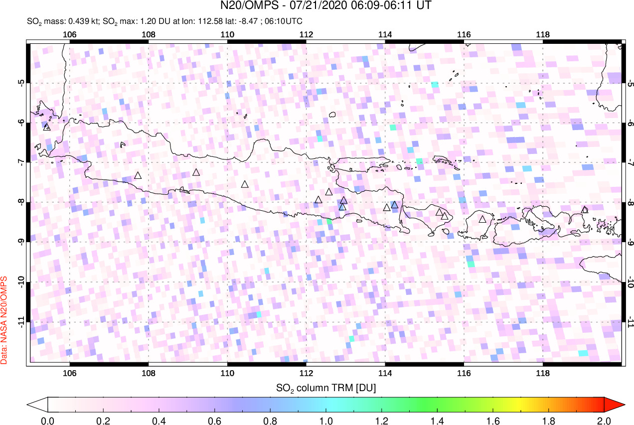 A sulfur dioxide image over Java, Indonesia on Jul 21, 2020.